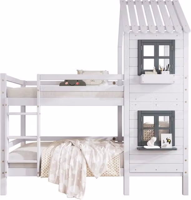 Letto a castello per bambini con struttura a casetta, scala e sponde, bianco e grigio, L/P/H: 200 x 90 x 208 cm