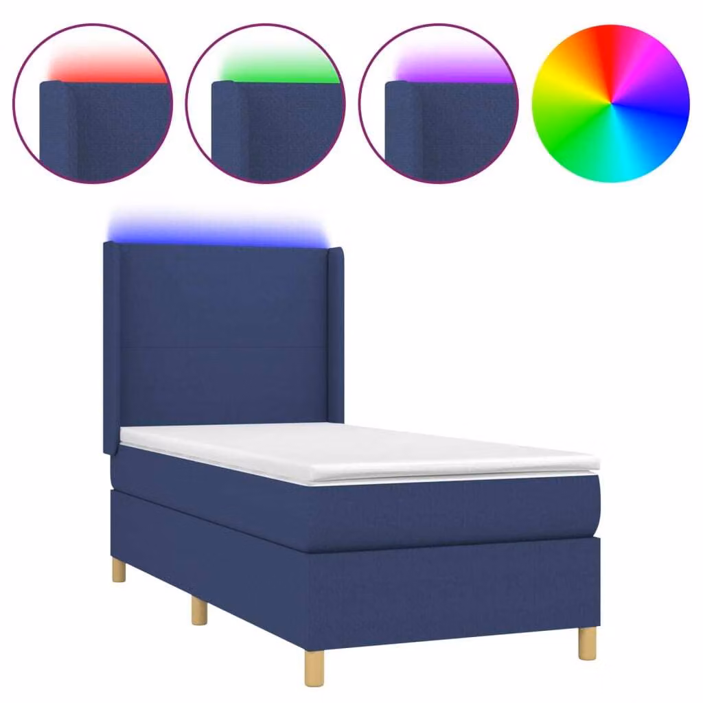 Letto a Molle con Materasso e LED Blu 100x200cm in Tessuto