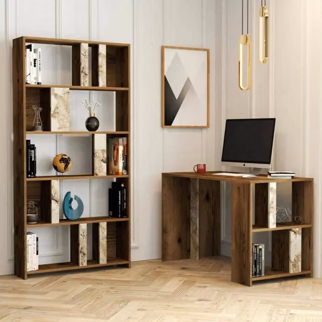 Scrivania Atene, Scrittoio multiuso, Tavolo per ufficio porta PC con libreria, 120x60h75 cm, Noce e Bianco Marmo