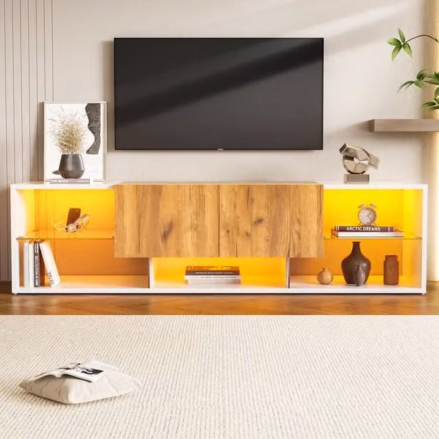 Mobile TV moderno WISHDOR con illuminazione LED integrata, bianco e rovere, L 160 x P 40 x H 42 cm