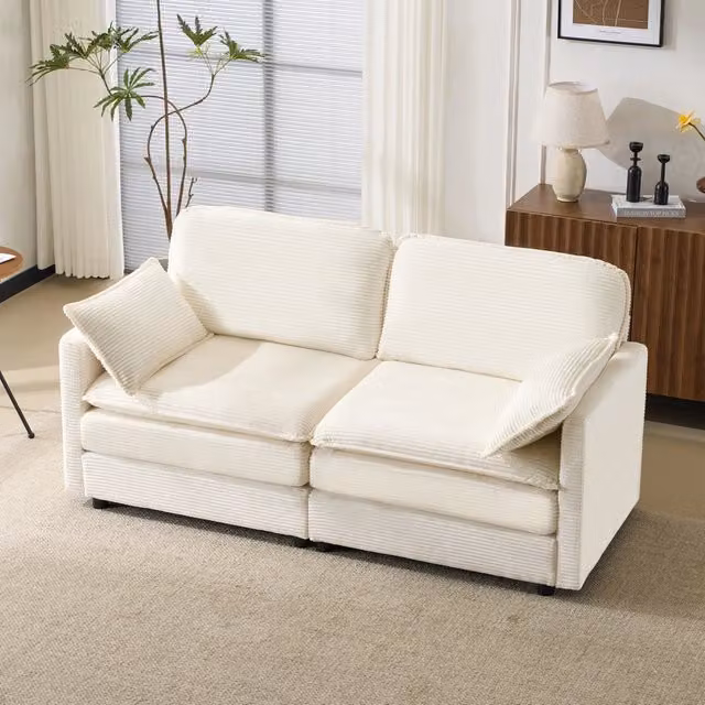 Divano modulare Mivray a 2 posti in tessuto a righe bianco con struttura e gambe in legno dal design moderno L: 167.5 cm, P: 85.0 cm, H: 75.0 cm