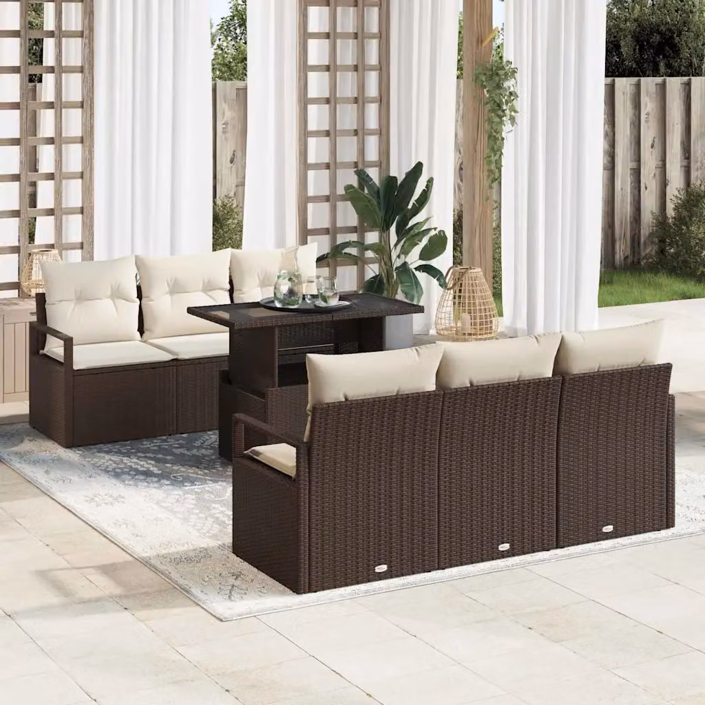 Set Divano da Giardino vidaXL 7 Pezzi in Polyrattan Marrone e Beige con Cuscini e Tavolino – 1