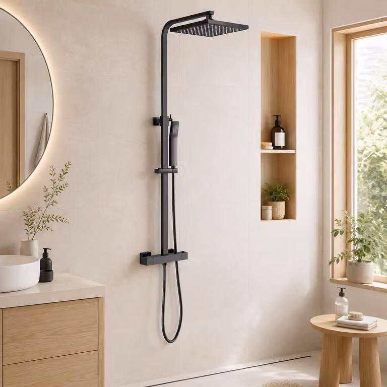 Sistema doccia con termostato, doccia a pioggia, colore nero, in ottone, regolabile