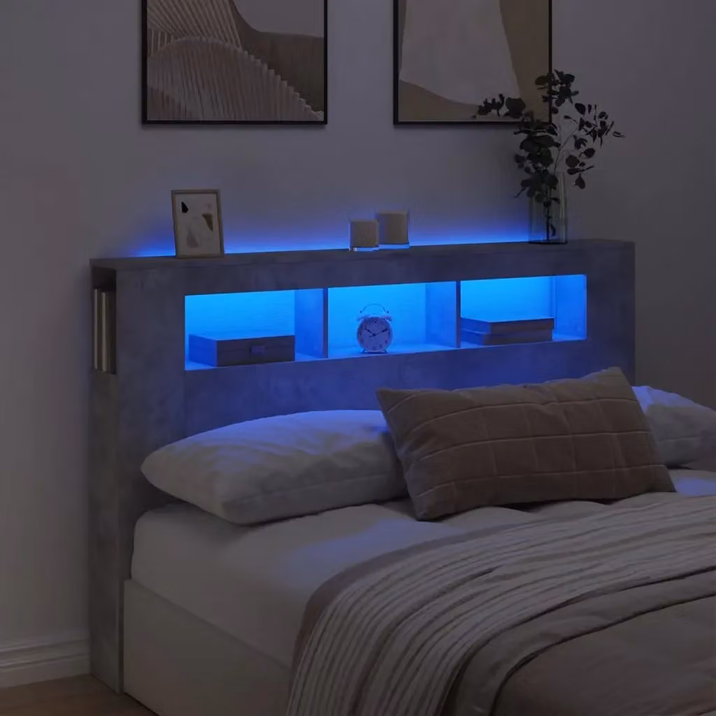 Testiera con illuminazione LED e porta USB in legno multistrato Grigio Cemento L: 160 cm, P: 18,5 cm, H: 103,5 cm – 2