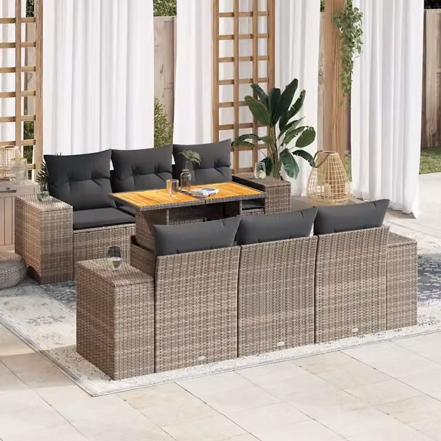 Set Divani da Giardino 7 pz con Cuscini Grigio in Polyrattan 3327336