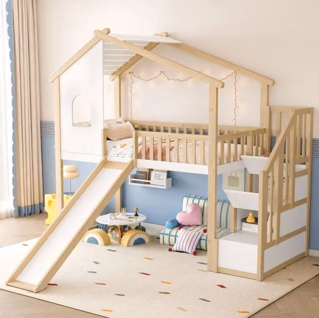 Letto a soppalco 90x200 cm con scivolo e scala contenitore in legno; naturale e bianco