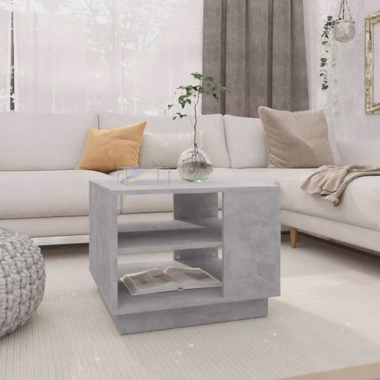 Tavolino da salotto in cemento grigio, dimensioni 55x55x43 cm, realizzato in legno ingegnerizzato