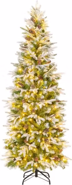 Albero di Natale artificiale pre-luminoso con LED warm white, effetto neve e 671 punte, Altezza: 190 cm, Colore: verde