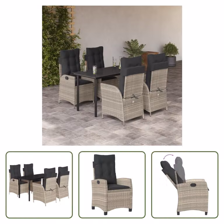 The Living Store Set da pranzo da giardino 5 pezzi con cuscini in rattan grigio chiaro