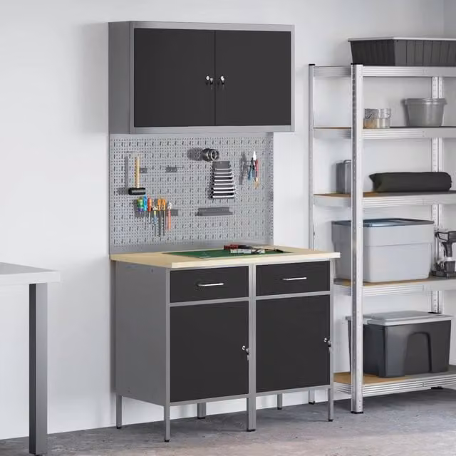 Set di mobili da lavoro vidaXL 5 pezzi in acciaio e legno ingegnerizzato nero con serratura – 1