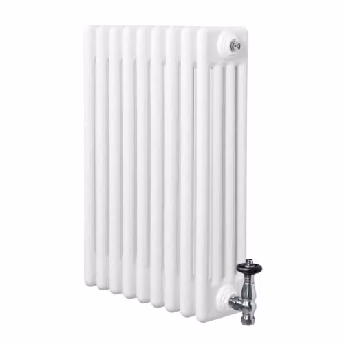 Radiatore Tradizionale a 4 Colonne 600 x 425 mm & Valvole Riscaldamento Centrale Orizzontale Bianco Opaco in Acciaio al Carbonio con Staffe Kit di Fissaggio e Spazzola Pulizia