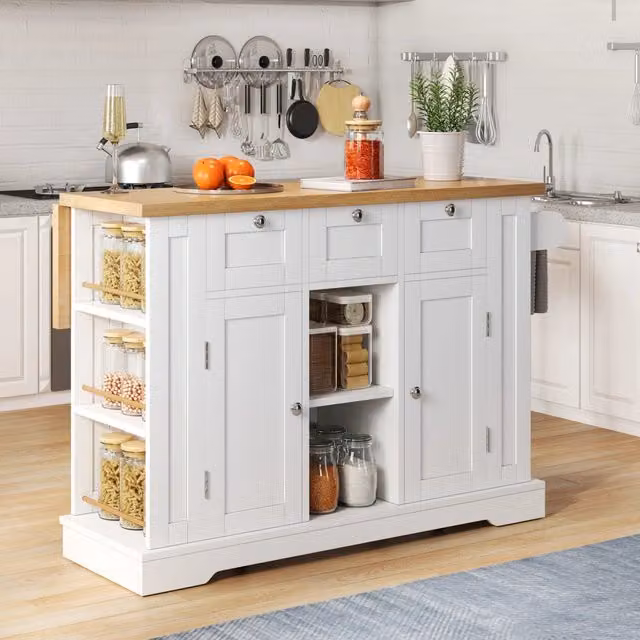 Carrello da cucina con piano ribaltabile, 3 cassetti, 2 ante, ripiani aperti, prese usb, per cucina, in mdf, bianco