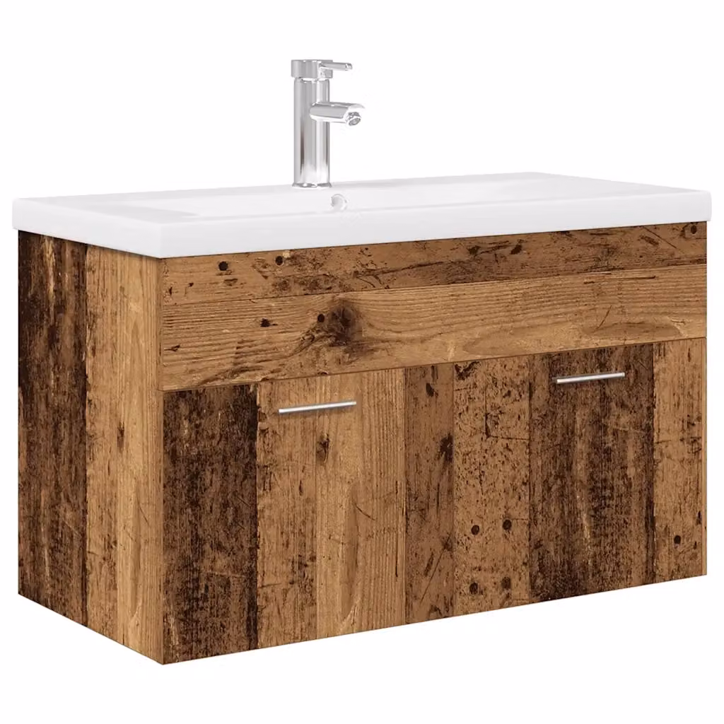 Mobile da bagno sospeso vidaXL in legno rustico bianco e marrone con ante a cerniera e cassetti interni – 2