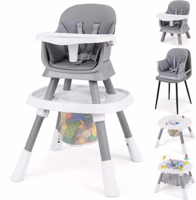 Seggiolone convertibile 16-in-1 Design Mania con vassoio rimovibile e cintura, set tavolo e sedia multifunzionale per bambini, Grigio e Bianco – 1