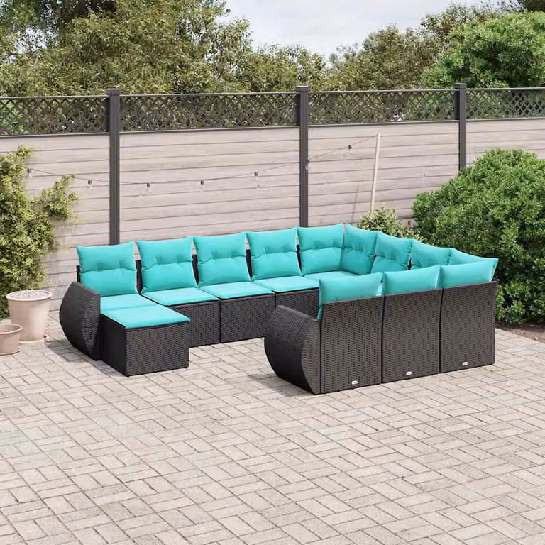 Set di divani da giardino vidaXL in polyrattan da 11 pezzi con cuscini e tavolino da esterno, design moderno a L, colori nero, blu e turchese