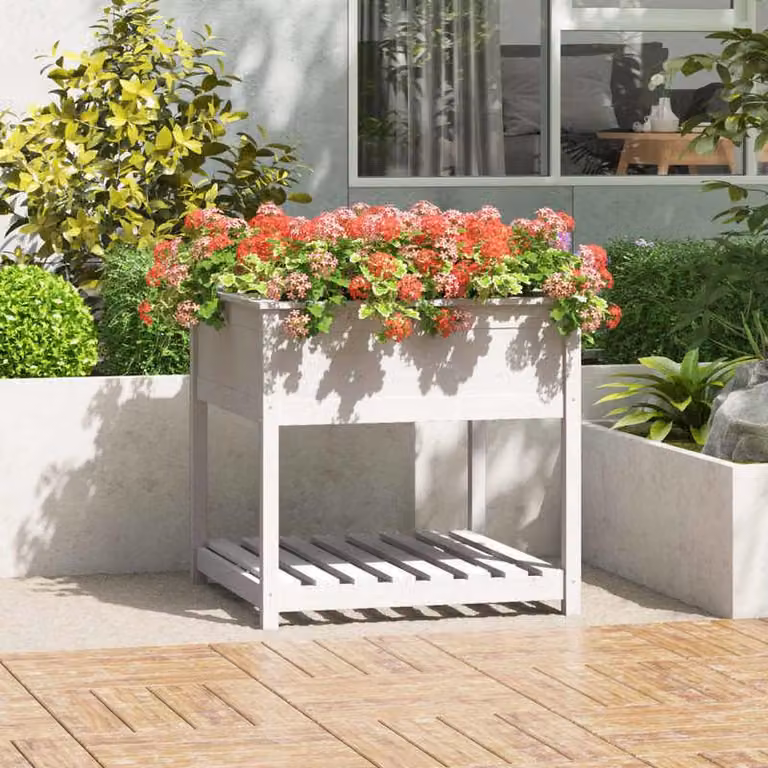 Tavolino da giardino - Vaso per piante con ripiano - Legno massello di pino - Bianco - 82,5 x 82,5 x 81 cm