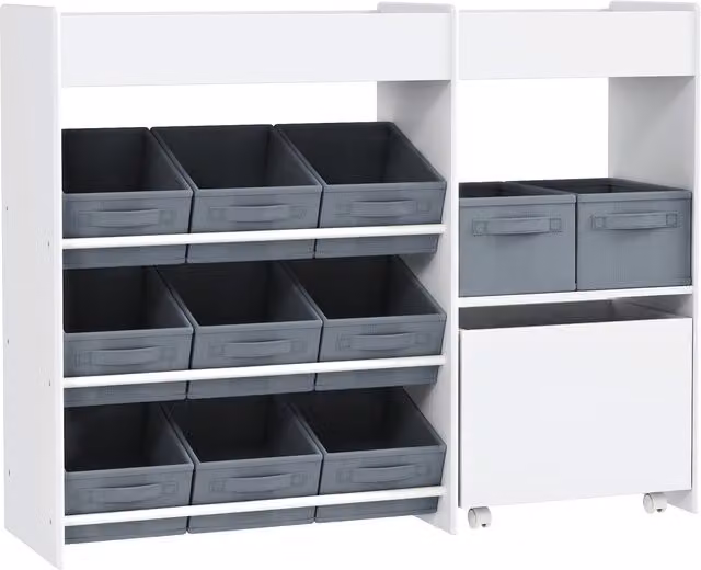 AIYAPLAY Mobile Portagiochi per Bambini con 11 Cestini in Tessuto, Armadietto e Ripiani, Bianco, L 105 cm x P 30 cm x H 80 cm