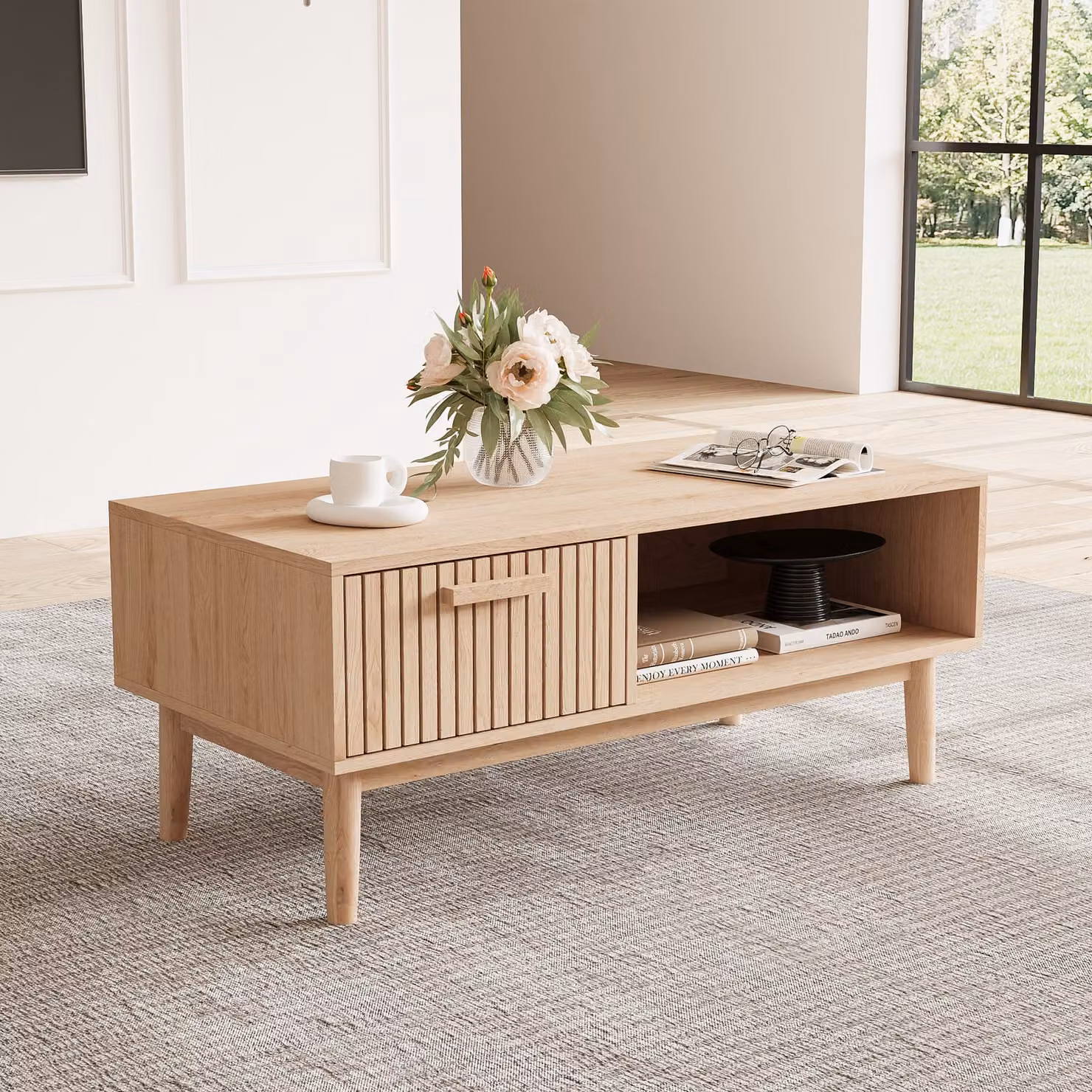 Tavolino in rattan Fortuna Lai - colori del legno naturale, tavolino scandinavo in rattan per il soggiorno, L100 x L50 x H43cm