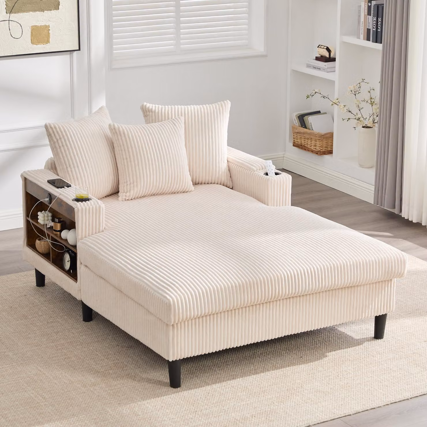 Divano letto LVHOM con luci LED e porte USB, chaise longue con portabicchieri e vano portaoggetti, ampio divano singolo con portata fino a 300 kg, 3 cuscini inclusi, 129x170 cm, beige