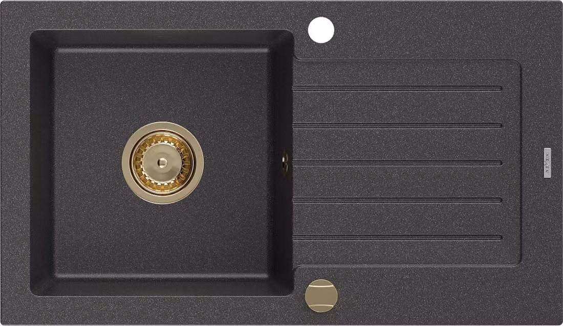 Mexen Pablo lavello in granito 1-vasca con scolapiatti 752 x 436 mm, nero maculato, sifone dorato - 6510751010-76-G