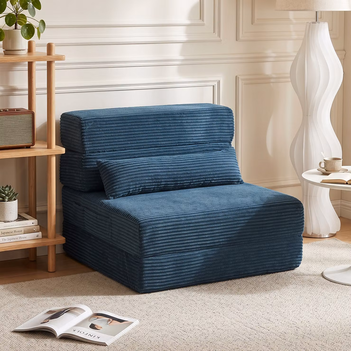 Poltrona letto 3 in 1 HOMCOM pieghevole in velluto a coste con tasche e cuscino, blu – 2