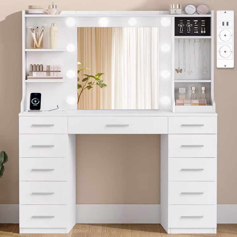 Comò da trucco con illuminazione a LED, specchio, prese di corrente, 11 cassetti, colore bianco