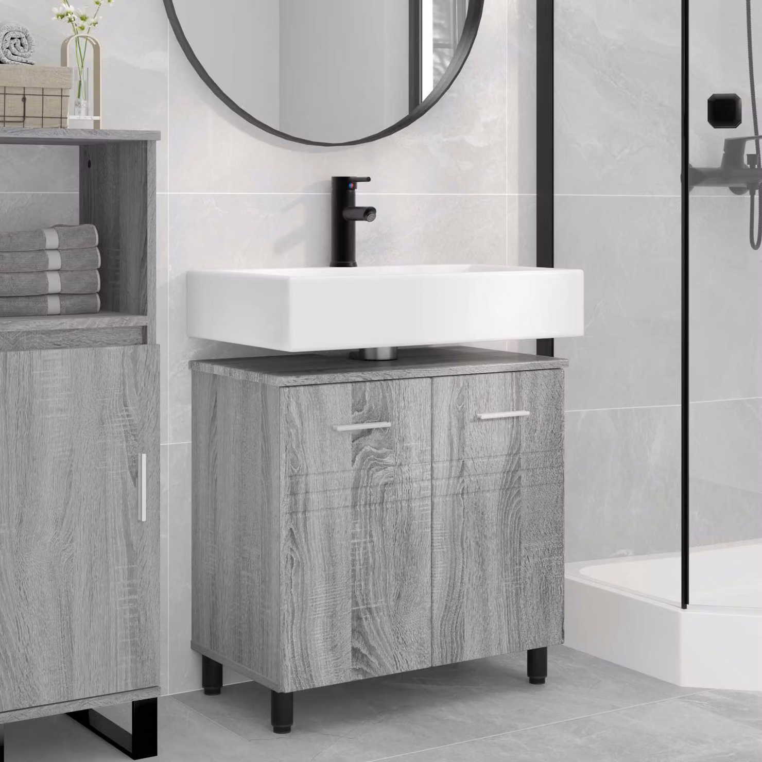 Mobiletto da bagno moderno vidaXL in MDF grigio opaco con ante a battente e ripiani interni L/P/H: 60 x 35 x 60 cm