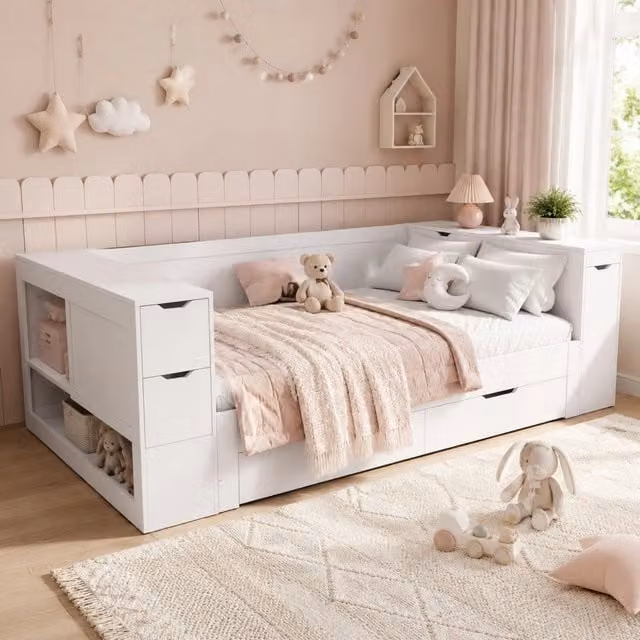 Letto da giorno ULEVR 90x200 cm con cassetto, contenitore e comodino estraibile, bianco