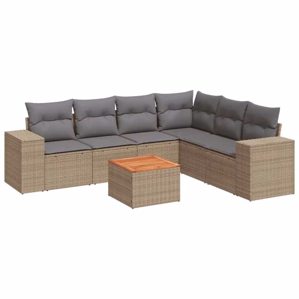 Set di divani da giardino vidaXL in polyrattan 7 pezzi con cuscini beige e tavolino da esterno a forma di L – 2