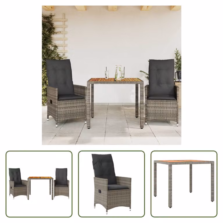 The Living Store Set bistrot 3 pezzi con cuscini in poly rattan grigio