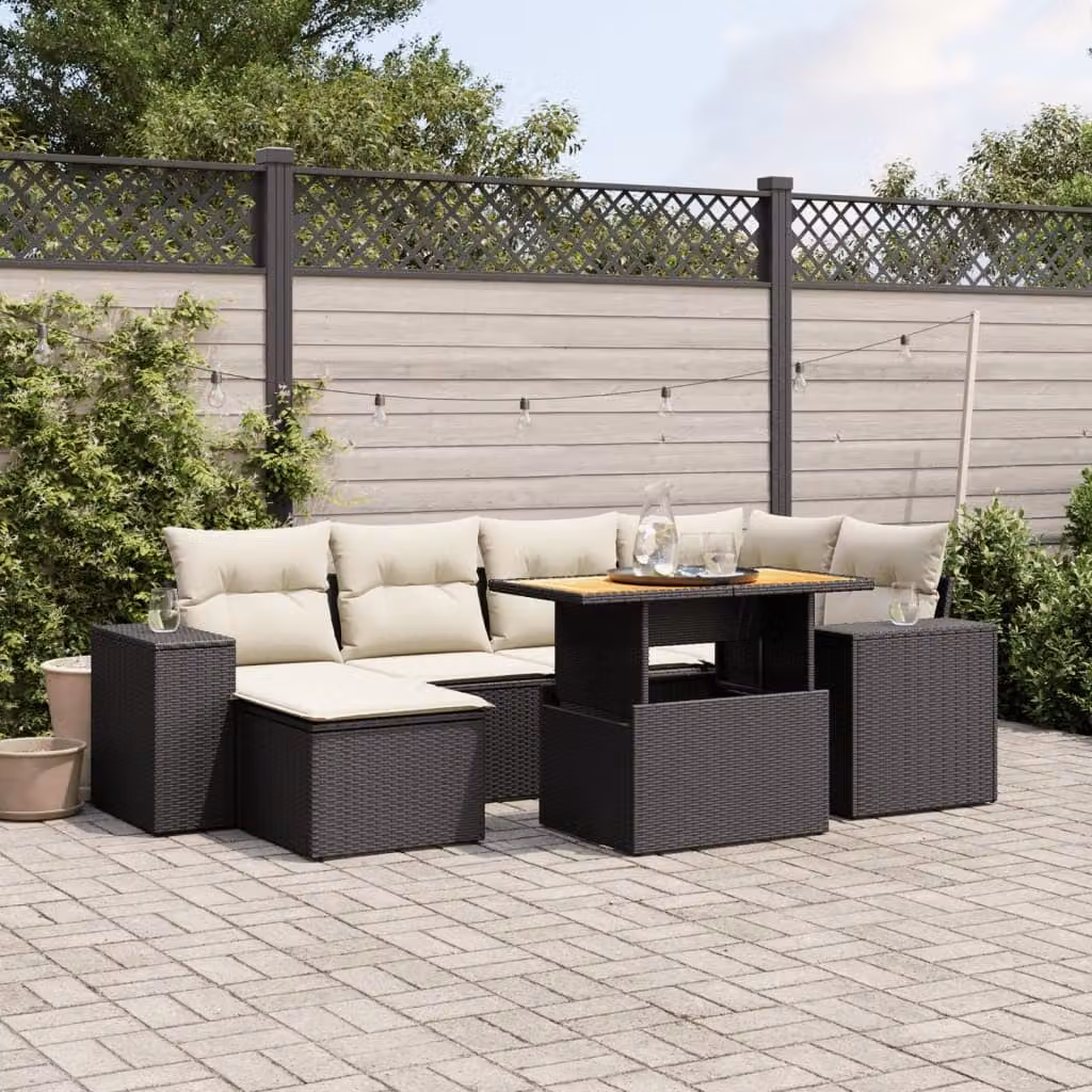 Set Divani da Giardino a L vidaXL in Polyrattan Nero con 7 Cuscini e Tavolino da Esterno – 1