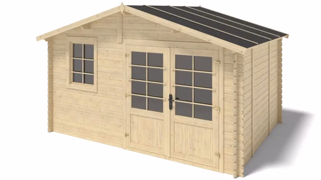 Casetta da giardino in legno ALTANKA modello DOM710 colore naturale beige marrone L/P: 4 x 3 m Altezza: 251 cm Spessore pareti: 28 mm – 2