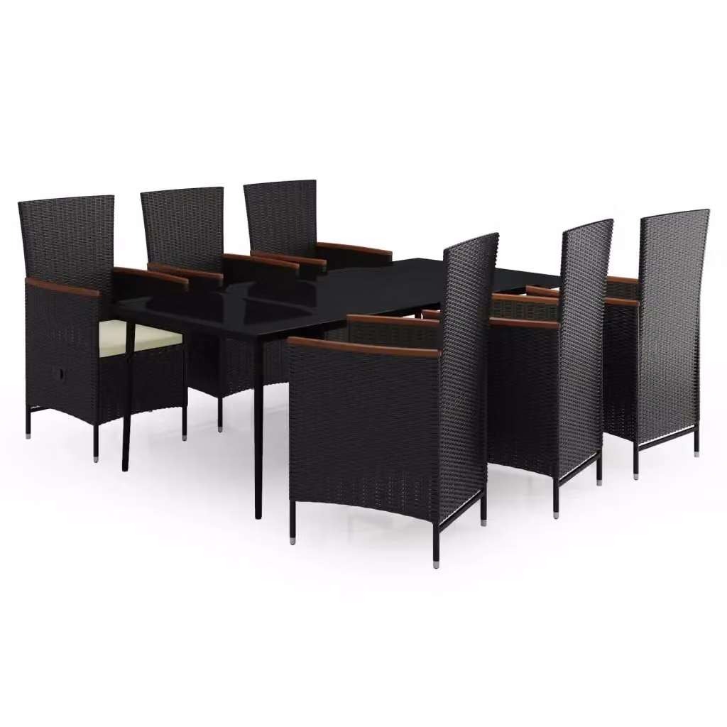 Set da pranzo da giardino vidaXL in polyrattan con tavolo in vetro e 7 sedie con cuscini, Bianco e Nero – 2
