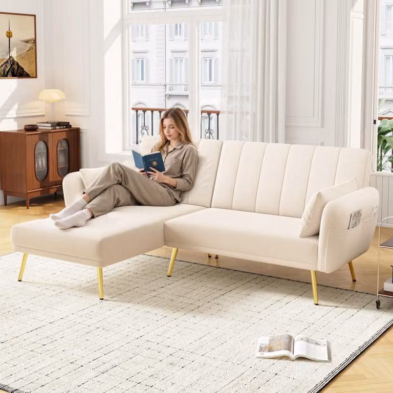Divano angolare Merax con funzione letto, divano letto pieghevole a L, regolabile a 3 livelli, divano a 3 posti, divano, divano letto, divano da salotto, velluto, beige
