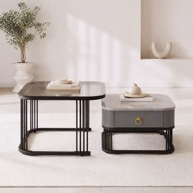 Tavolino da salotto modulare MODFU composto da 2 pezzi con piano in vetro e finitura effetto marmo astratto lucido, struttura in metallo e MDF, disponibile in nero, bianco o oro
