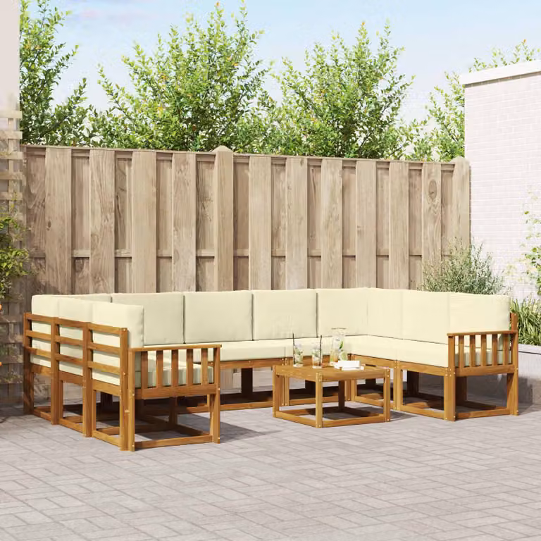 Set di divani da esterno vidaXL 10 pezzi in legno di acacia con cuscini beige e marrone a forma di L per giardino e terrazza