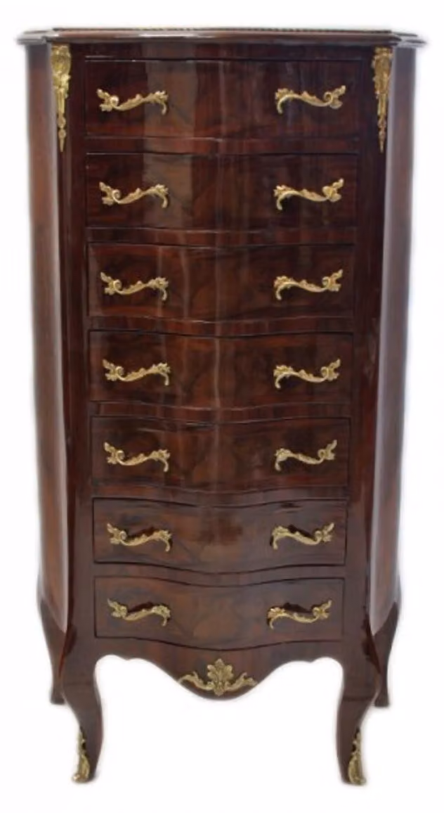 Comò Casa Padrino in stile barocco, con 7 cassetti, in legno di mogano. Comò alto, dimensioni: larghezza 70 cm, profondità 30 cm, altezza 125 cm