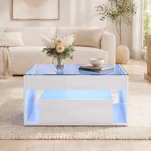 Tavolino basso Mivray con LED, piano in vetro temperato e cassetti lucidi bianchi, L/P/H: 70 x 70 x 35 cm