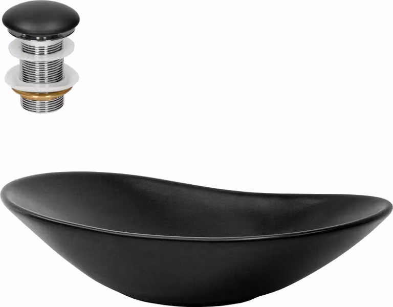 Lavabo LuxeBath Lavabo da appoggio ovale, 63x36x15,5 cm, nero, in Vetroceramica, incl. set di scarico senza troppopieno