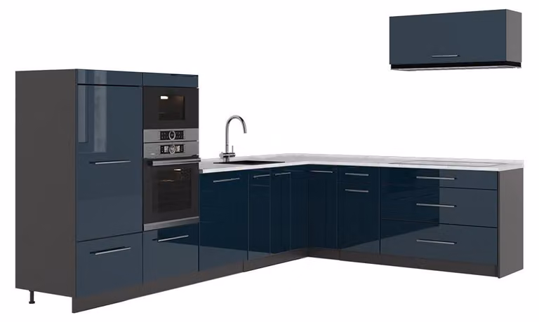 Cucina angolare completa Vicco Fame-Line Blu scuro lucido/Antracite 327 x 227 cm, PL Marmo, Model 64366