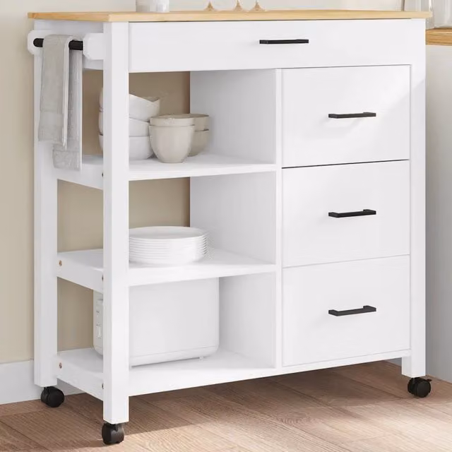 Carrello da cucina rustico vidaXL in legno massello di pino bianco con ruote L: 84 cm, P: 40 cm, H: 88,5 cm