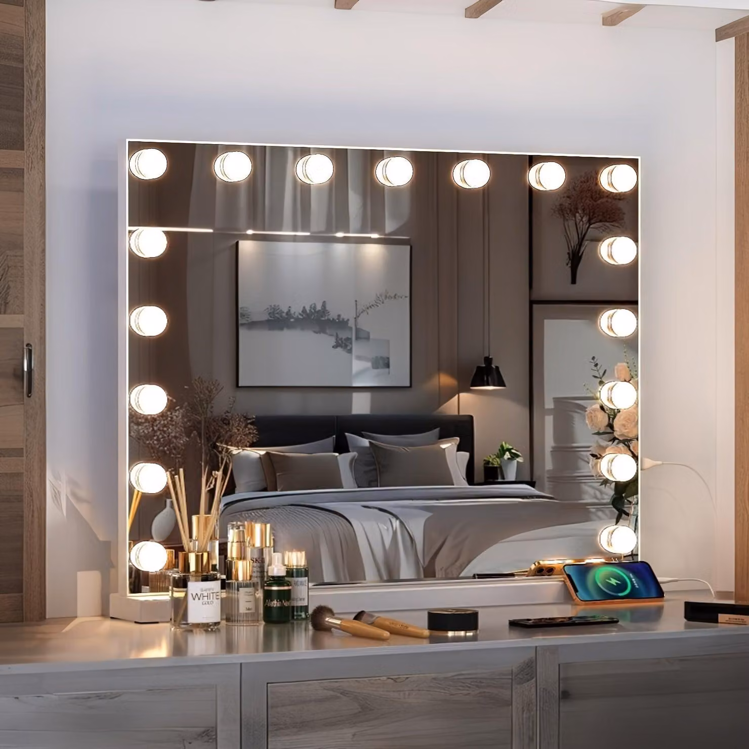 Specchio per il trucco - Specchio per la bellezza - Specchio illuminato - Specchio ingrandente - Specchio USB - 18 luci dimmerabili