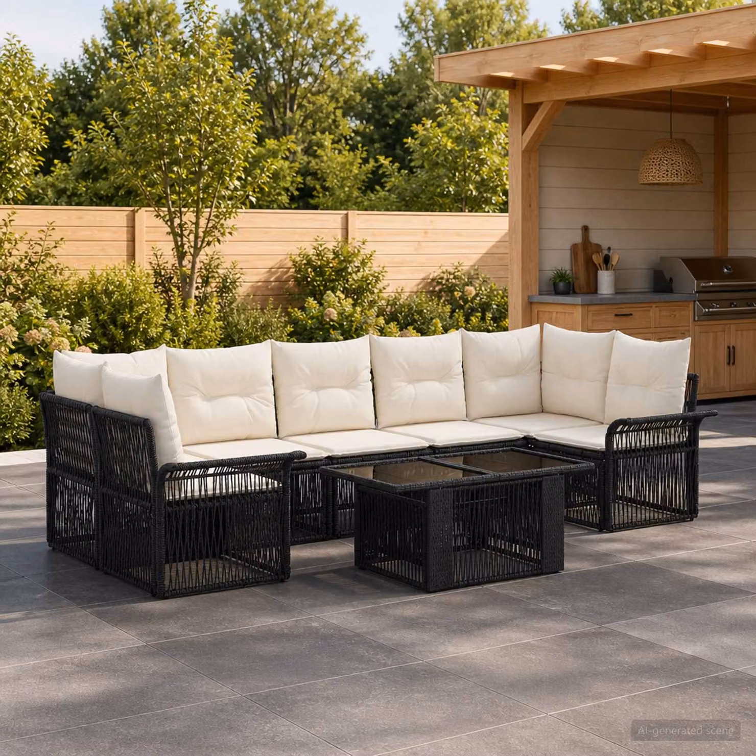 Set Divano da Giardino vidaXL 8 pz a L con Tavolino, Polyrattan e Struttura in Acciaio, Colore Nero e Bianco Crema