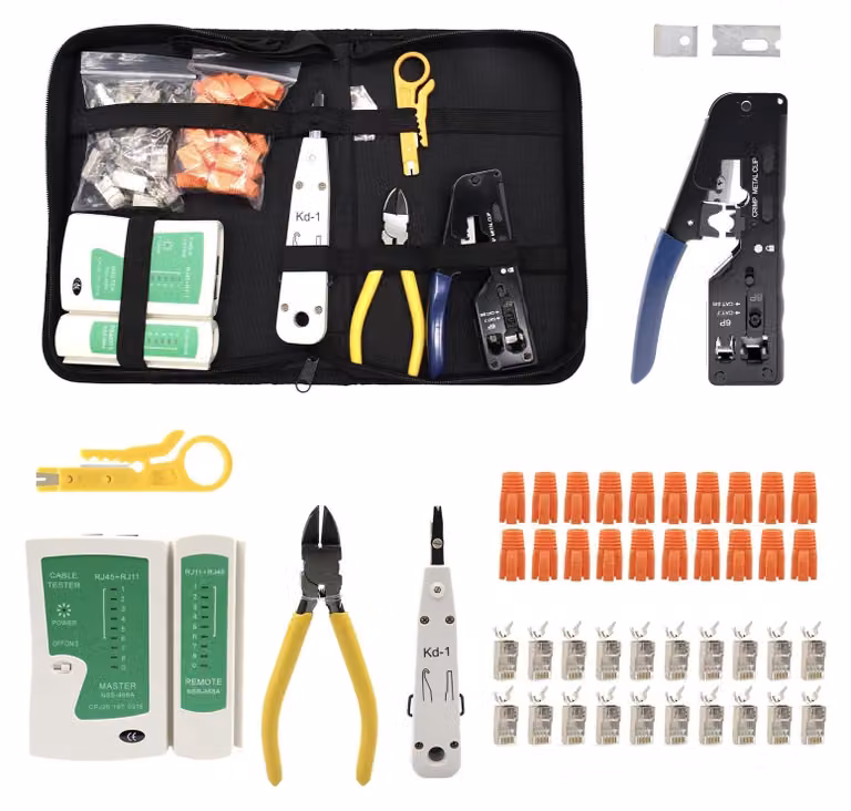 Set di strumenti per reti, inclusi pinze per crimpare connettori RJ45