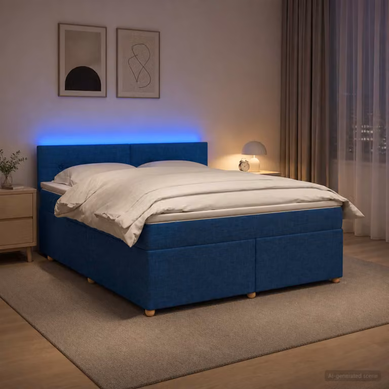 Letto box spring vidaXL con materasso blu e bianco in tessuto, dotato di illuminazione sottostante e porta USB, L/P: 140 x 200 cm