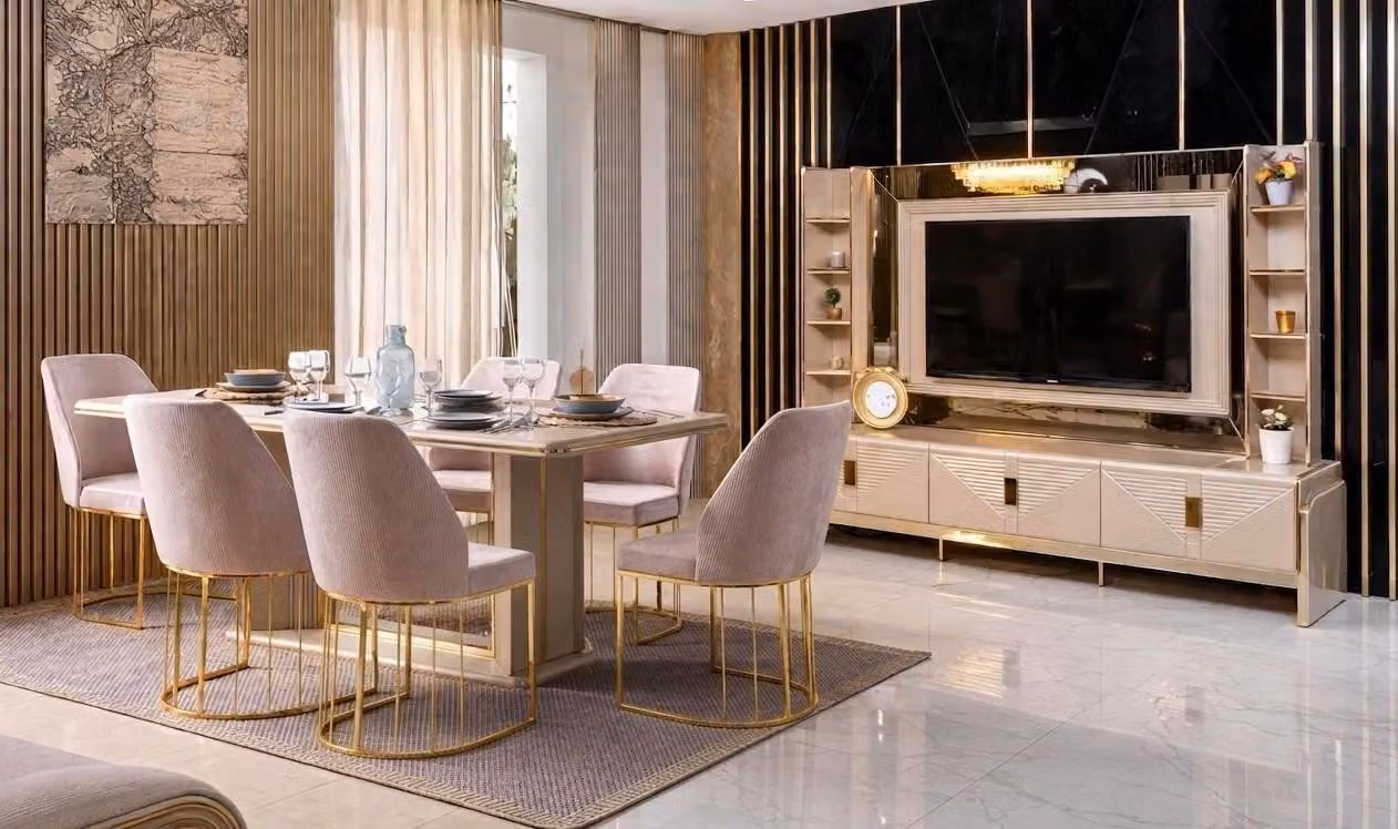 Set per sala da pranzo: tavolo da pranzo, 6 sedie, mobile TV, colore beige, stile moderno, elegante
