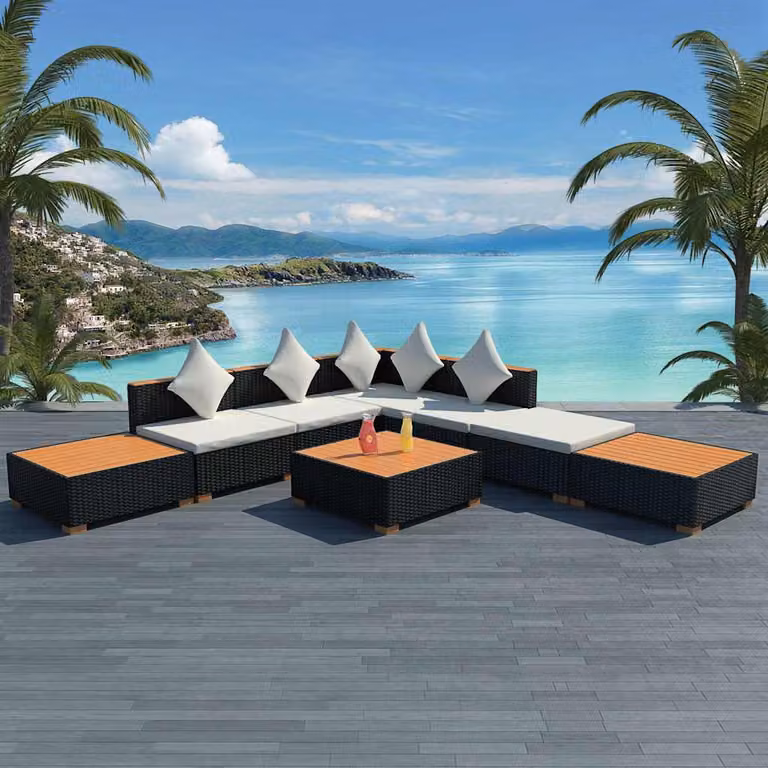 Set Divani da Giardino vidaXL 8 pz in Polyrattan Nero con Cuscini e Tavolino da Esterno