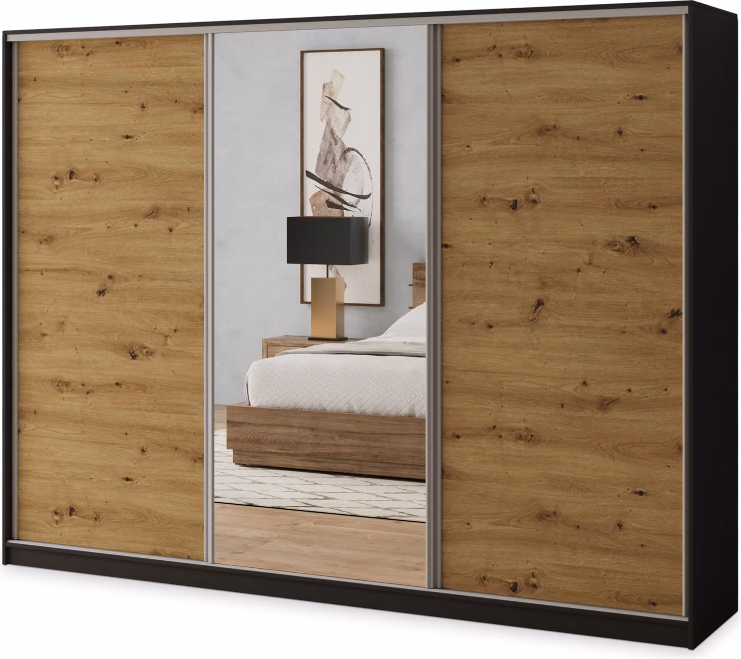 Armadio scorrevole Masseno SORE 270/205/58 cm Armadio con 4 cassetti Armadio per camera da letto a 3 ante con specchio Nero / Rovere Artisan