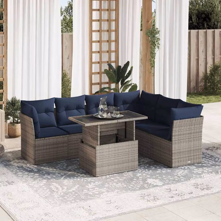 Set Divano da Giardino a L vidaXL in Polyrattan con Cuscini e Tavolino da Esterno, 7 Pezzi, Colore Nero e Acacia