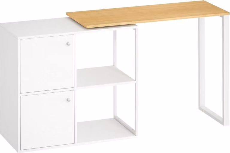 Scrivania Fortuna Lai a forma di L, scrivania angolare girevole a 360° con 2 armadietti, 2 ripiani aperti, scrivania per computer per piccoli spazi, studio, soggiorno, 150x40x75 cm, bianco